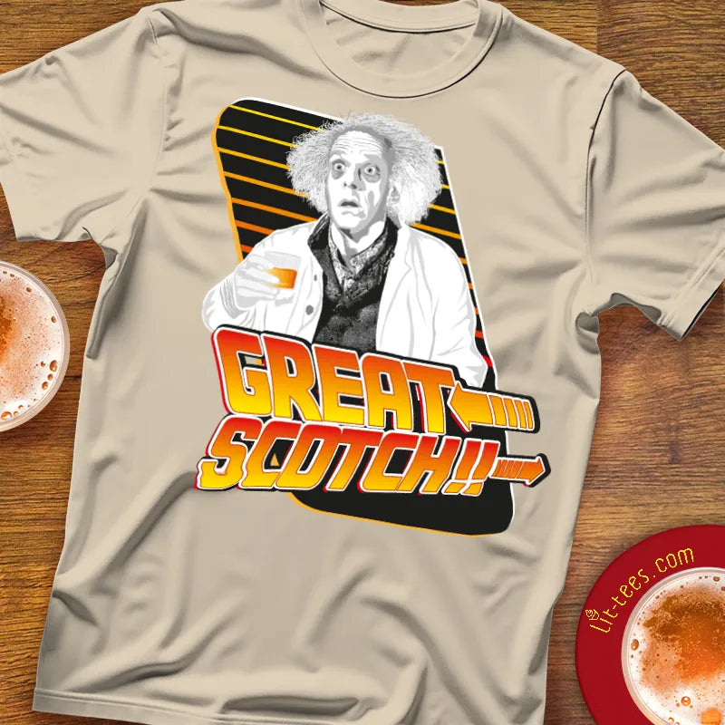 Sand t-shirt with Back to the Future style graphic of Doc Brown and 'Great Scotch!' text