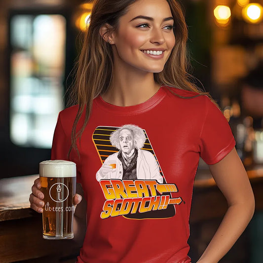 Attractive woman in bar holding a beer wearing red T shirt Red t-shirt with Back to the Future style graphic of Doc Brown and 'Great Scotch!' text