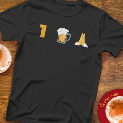 Black t-shirt with a 1 Beer Please emoji graphic graphic on a bar table