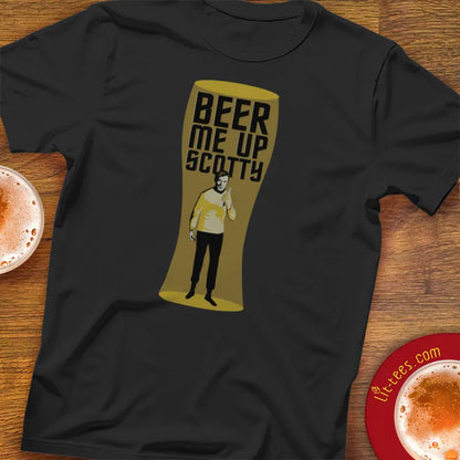 Black Start Trek beer themed  t-shirt with a graphic of a character holding a beer mug with 'Beer Me Up Scotty' text