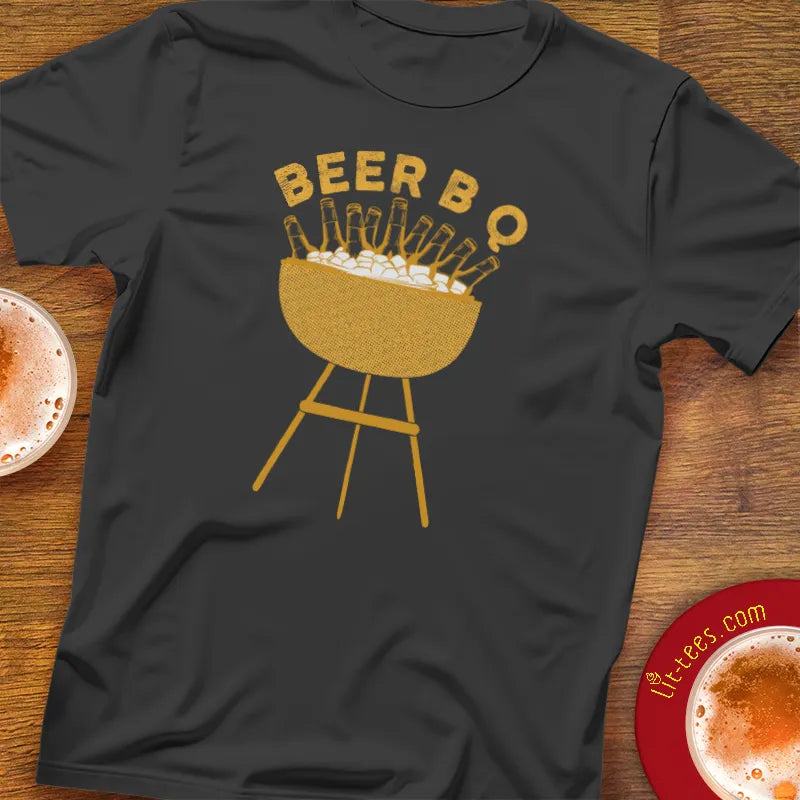 Black t-shirt with 'Beer B Q' graphic and text