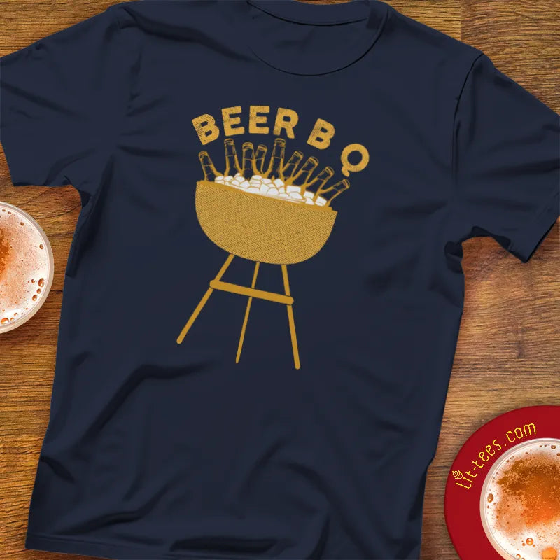 Navy blue t-shirt with 'Beer B Q' graphic and text