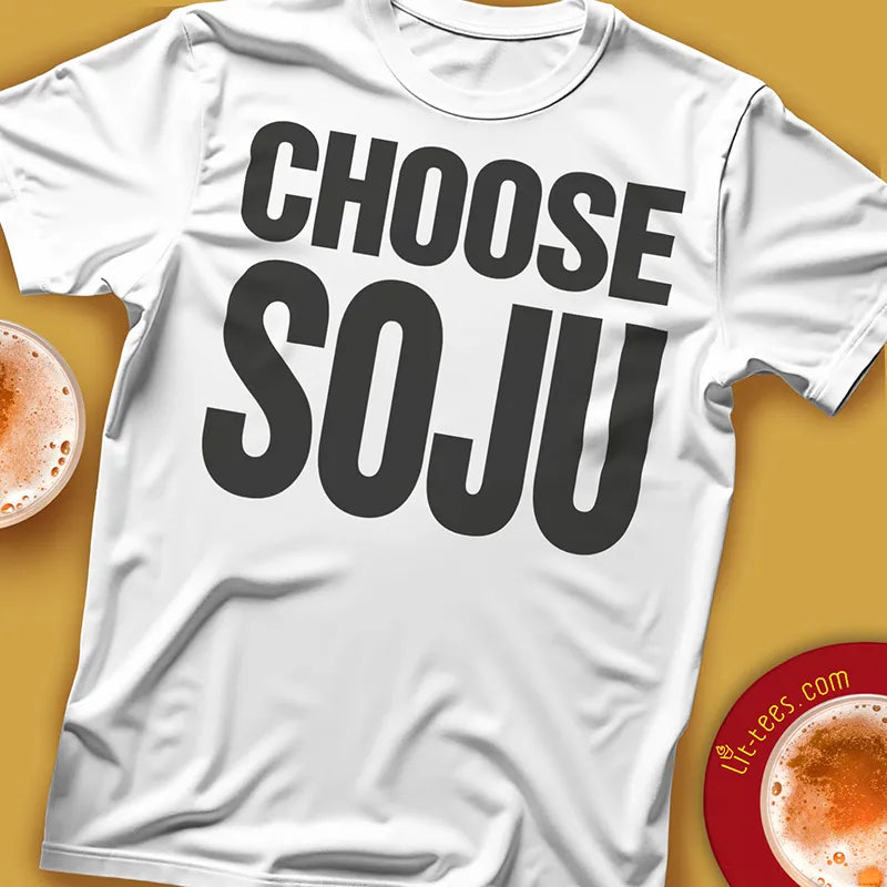 White t-shirt with 'CHOOSE SOJU' text on a yellow background