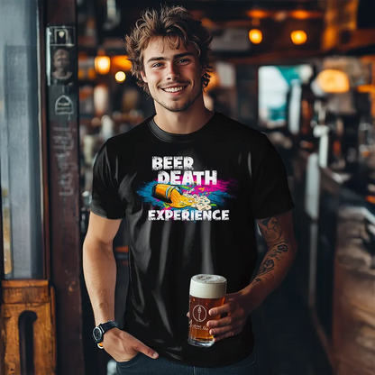 Man wearing a black t-shirt with 'Beer Death Experience' design, holding a beer in a bar setting.
