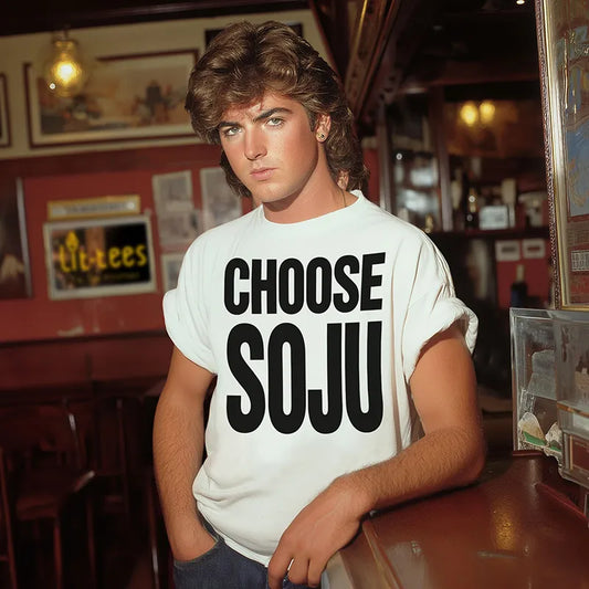 Wham lookalike wearing a white t-shirt with 'CHOOSE SOJU' text in a bar setting
