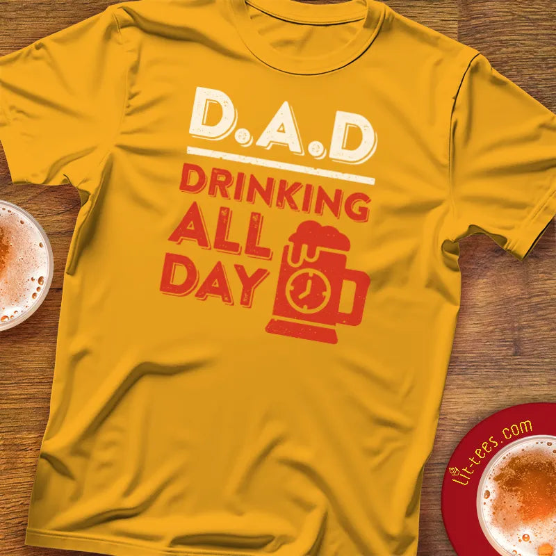 Gold Yellow t-shirt with 'DAD Drinking All Day' text and graphics 