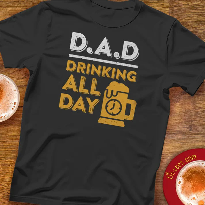 Black t-shirt with 'DAD Drinking All Day' text and graphics 