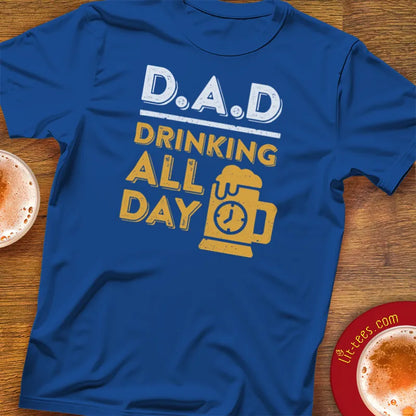 Blue t-shirt with 'DAD Drinking All Day' text and graphics 