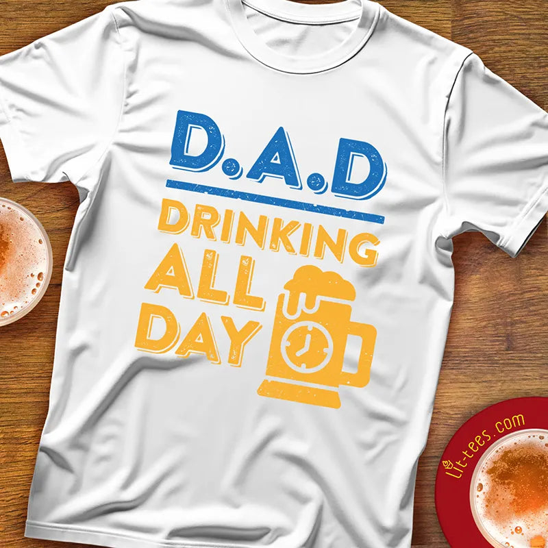 White t-shirt with 'DAD Drinking All Day' text and graphics 