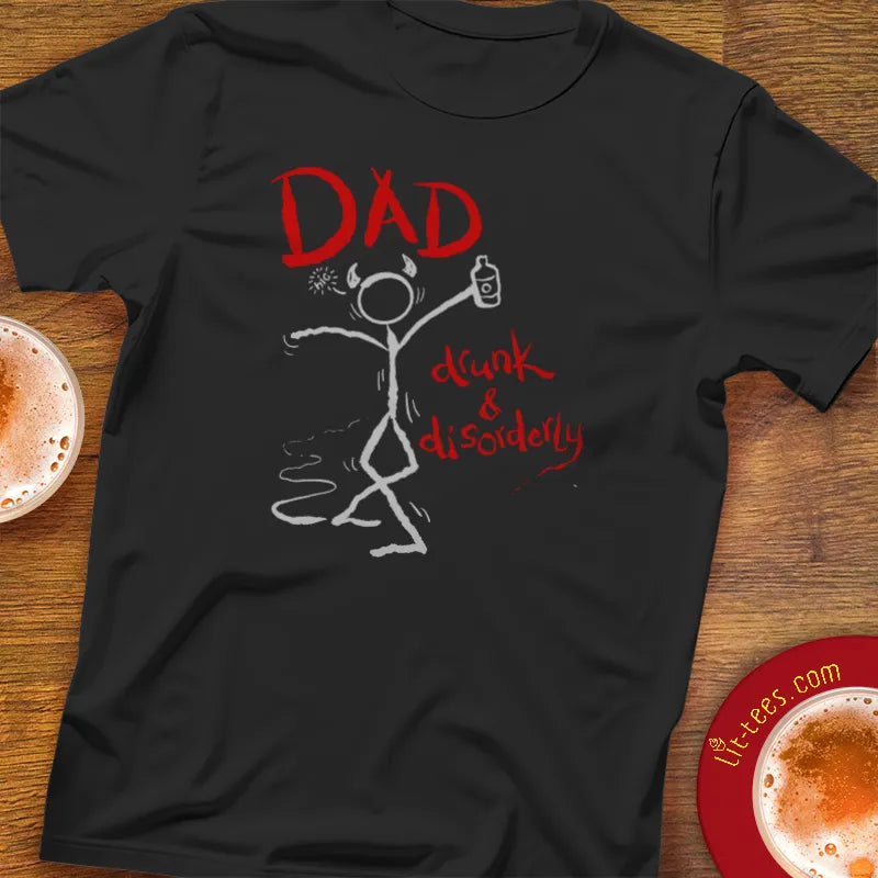 Black t-shirt with a graphic design and text saying DAD Drunk and Disorderly
