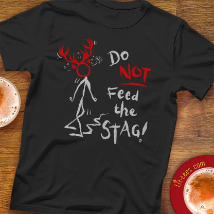 Black t-shirt with a graphic and Stag Party themed text saying 'Do Not Feed the Stag!' 