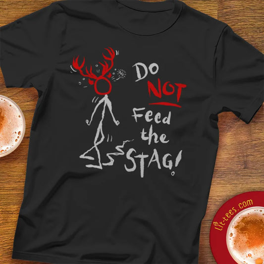 Black t-shirt with a graphic and Stag Party themed text saying 'Do Not Feed the Stag!' 