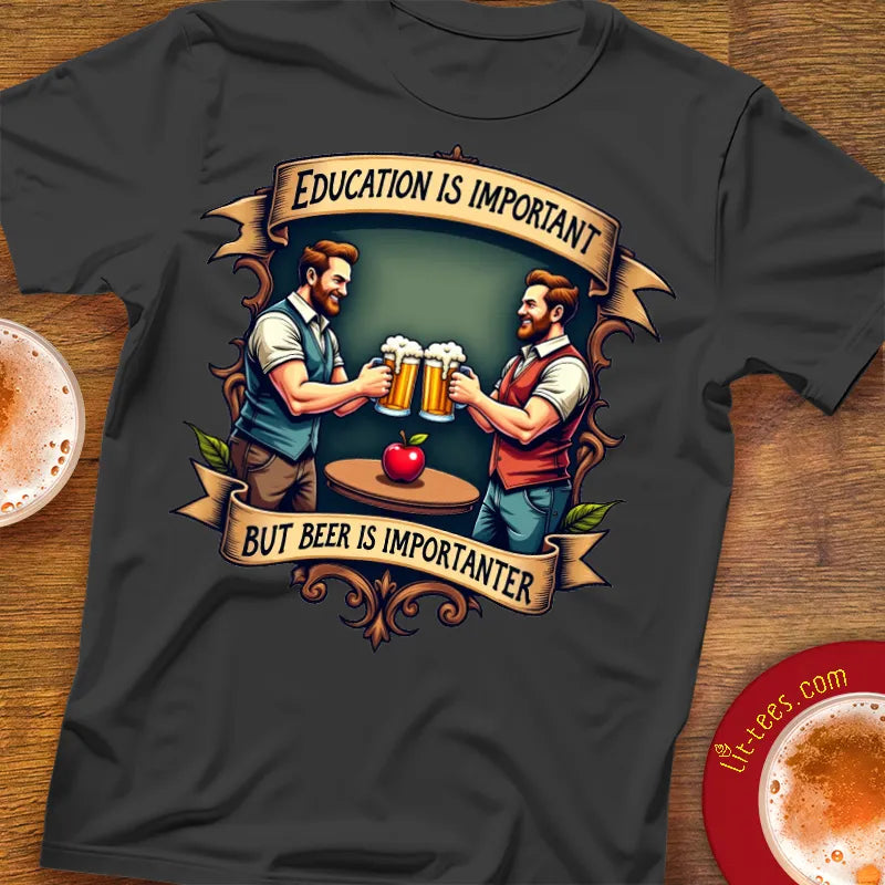 Black t-shirt with graphic design of two men holding beer mugs and text 'Education is important but beer is importanter' on a wooden surface.