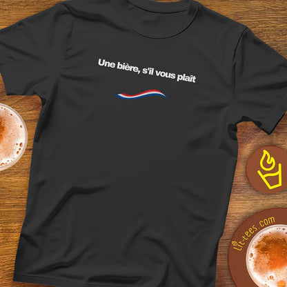 Black t-shirt with French text and flag design saying 'Une bière s'il vous plait'