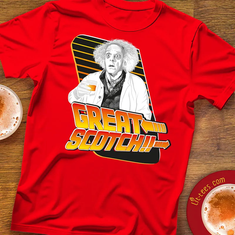 Red t-shirt with Back to the Future style graphic of Doc Brown and 'Great Scotch!' text 