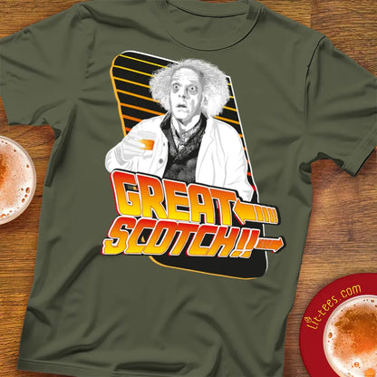 Military Green t-shirt with Back to the Future style graphic of Doc Brown and 'Great Scotch!' text 