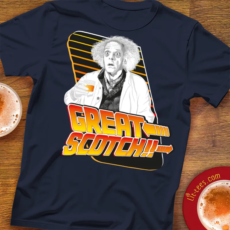 Navy Blue t-shirt with Back to the Future style graphic of Doc Brown and 'Great Scotch!' text 