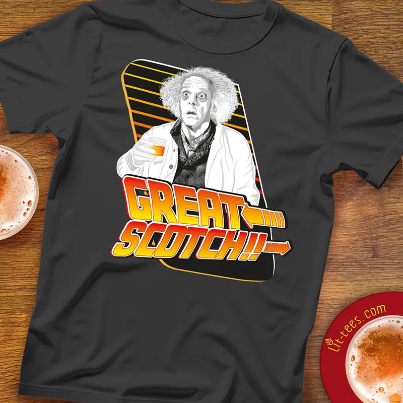 Black t-shirt with Back to the Future style graphic of Doc Brown and 'Great Scotch!' text 