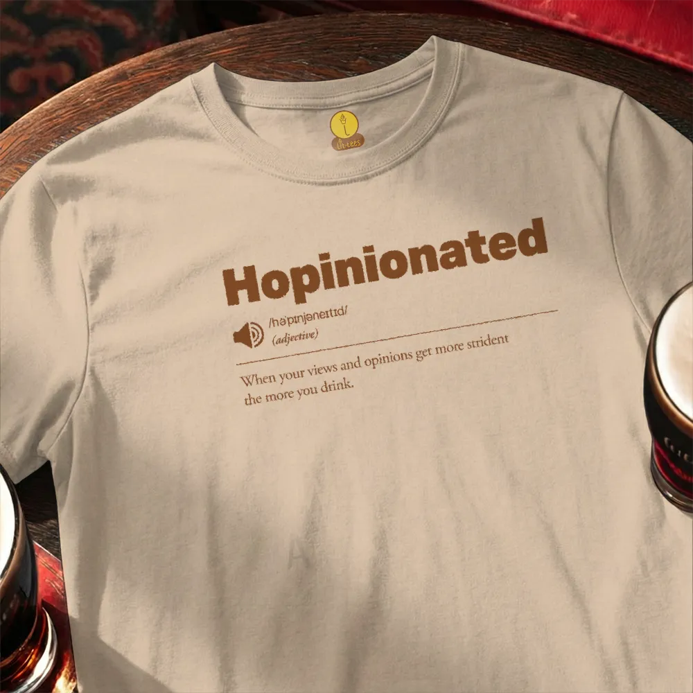 Beige t-shirt with 'Hopportunism' text on a wooden bar surface with beer glasses.