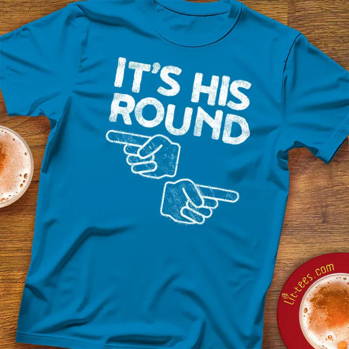 Blue beer themed t-shirt with 'It's His Round' text and graphic 