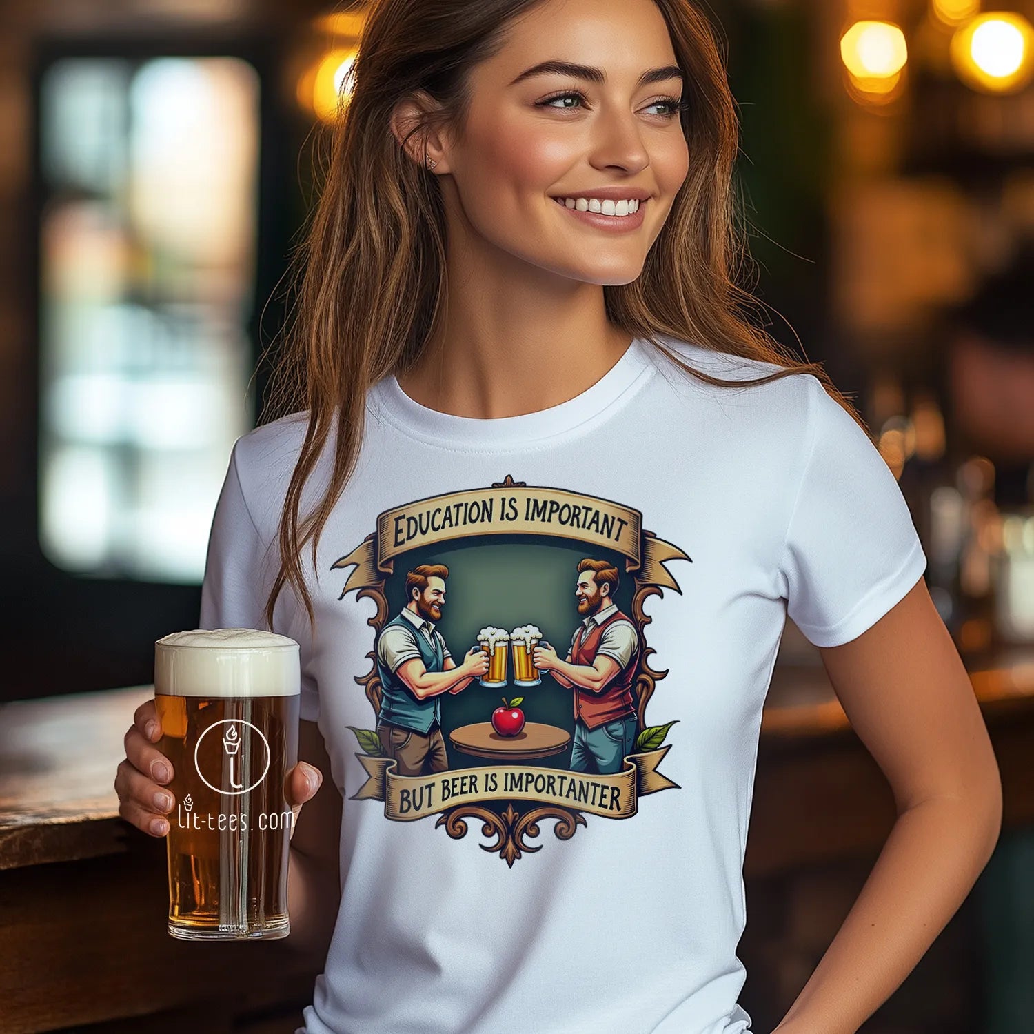 Woman wearing a t-shirt with a graphic design 'Education is important but beer is importanter' and holding a beer in a bar setting.