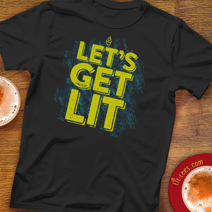Beer and booze themed black  t-shirt with 'LET'S GET LIT' text in yellow 