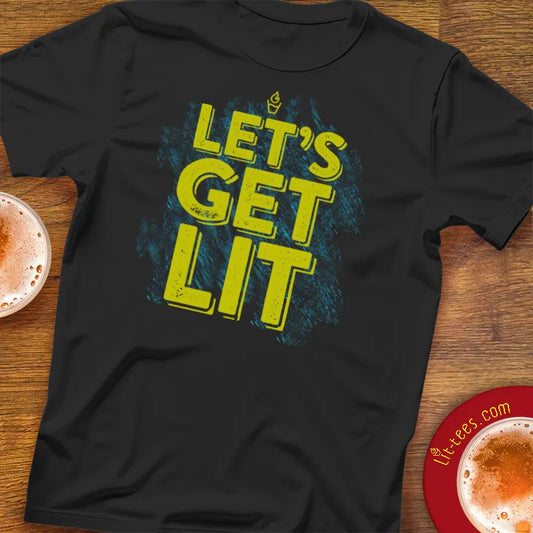 Beer and booze themed black  t-shirt with 'LET'S GET LIT' text in yellow 