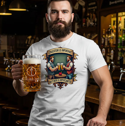 Man holding a beer mug wearing a white t-shirt with a graphic design 'Education is important but beer is importanter' in a bar setting