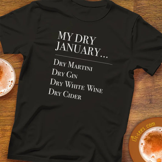 Black t-shirt with 'My Dry January' text on a wooden surface with drinks.
