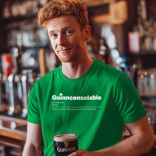 Man in a green St Patrick's Day t-shirt saying Guinnconsolable holding a pint of  Guinness in a bar setting